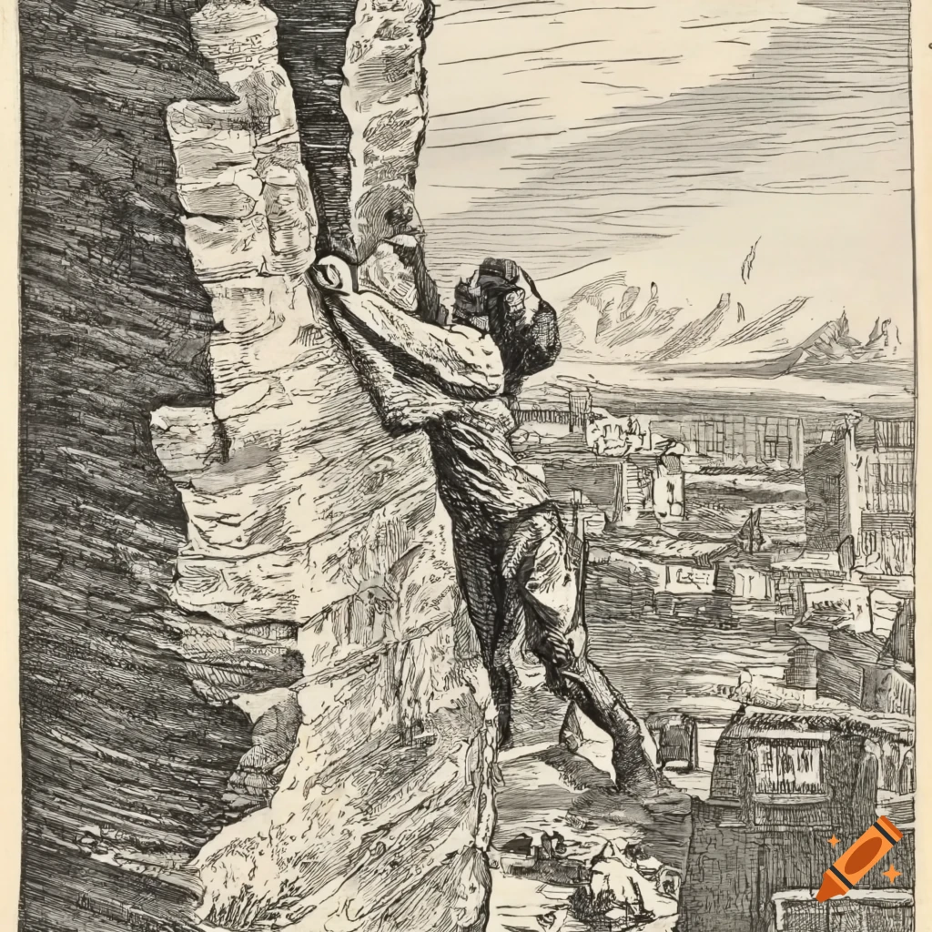 Man climbing a vertical rockface with an ancient city in the background