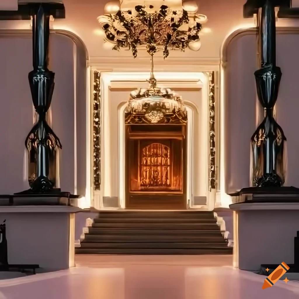Large white art deco mansion with ornamental columns and balcony, illuminated facade