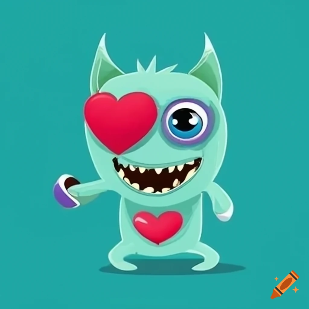 Cute blue monster with a heart and boxing gloves