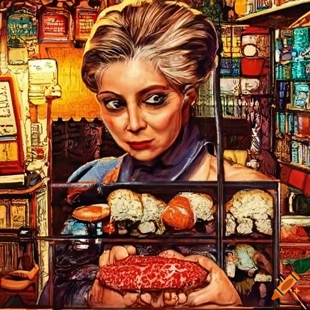 Vibrant sushi market scene inspired by vintage GTA and graphic novels