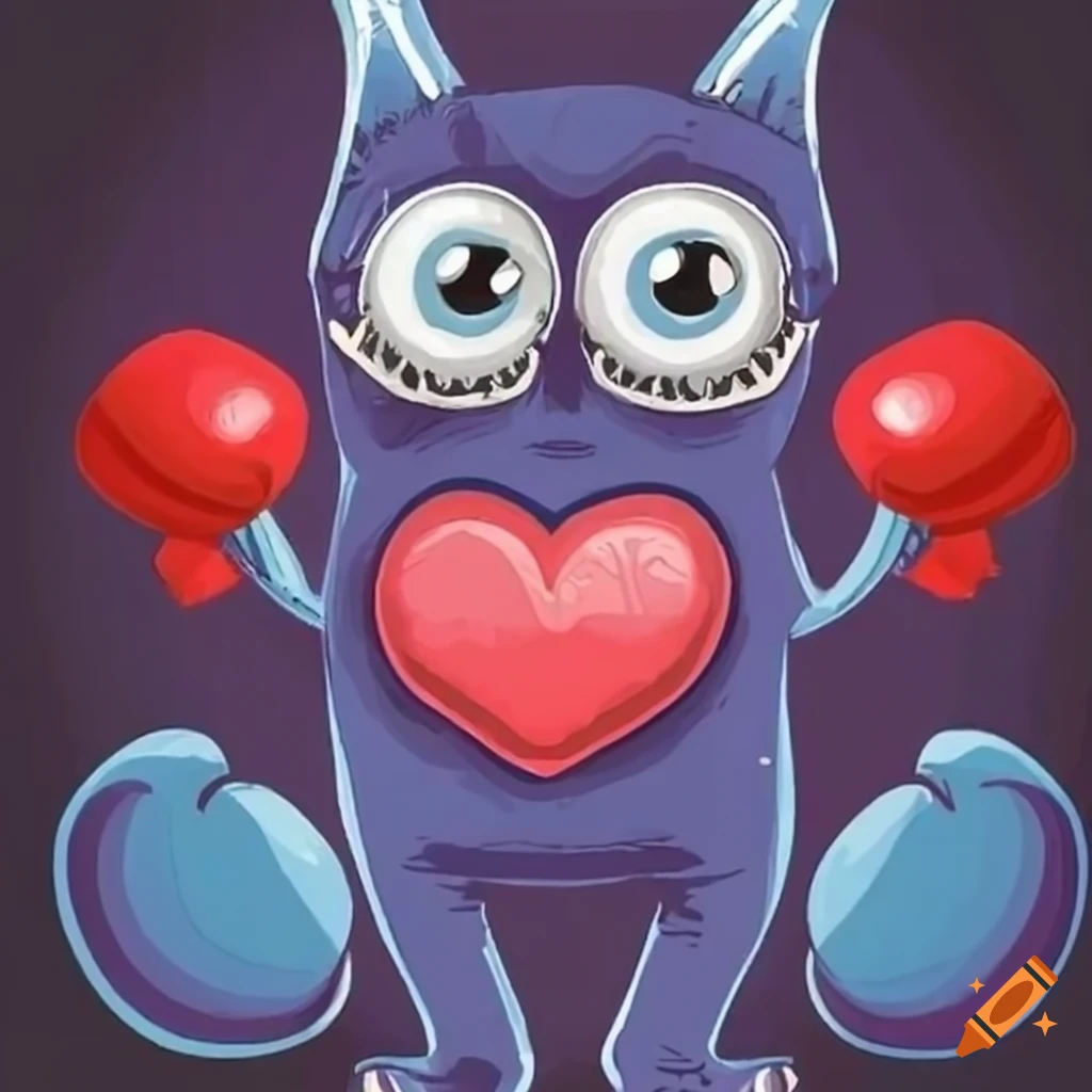 Cute blue monster with a heart and boxing gloves