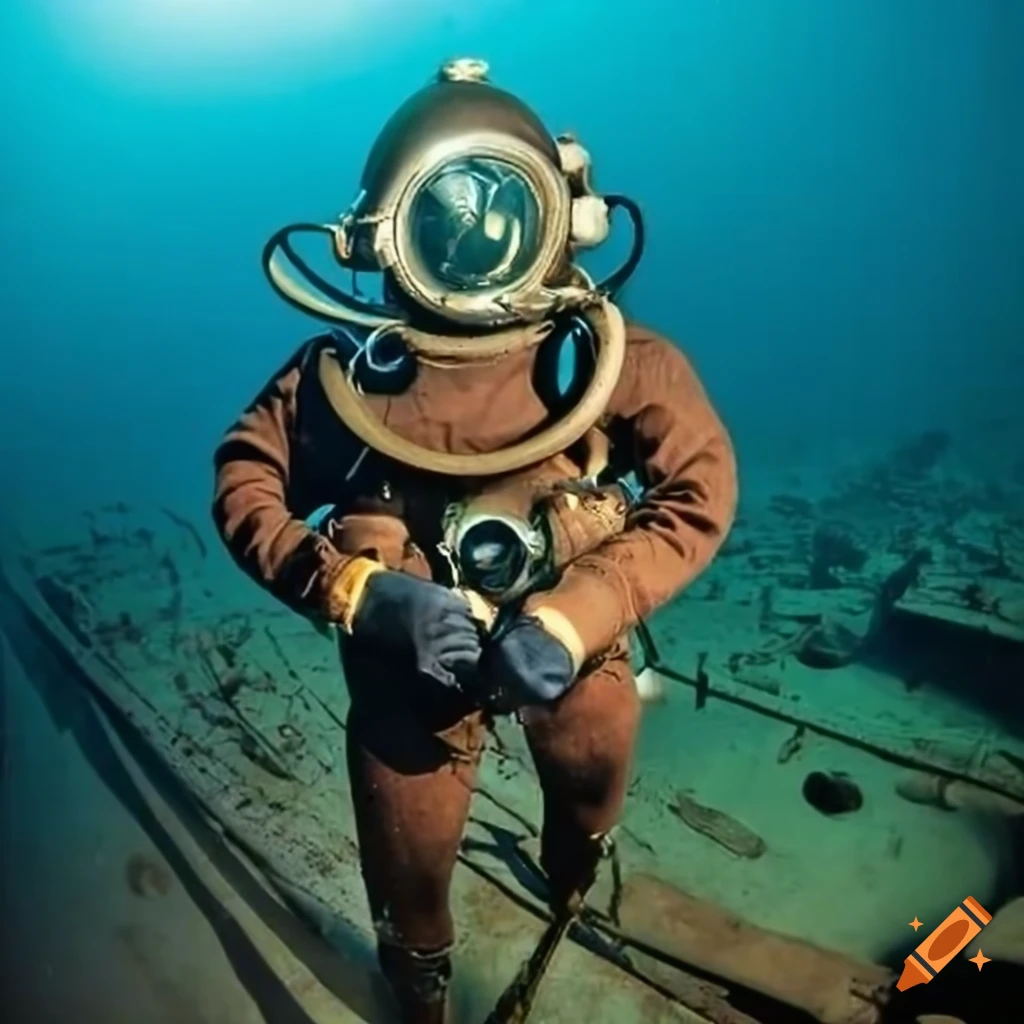 1940s diver in a diving suit working on a shipwreck