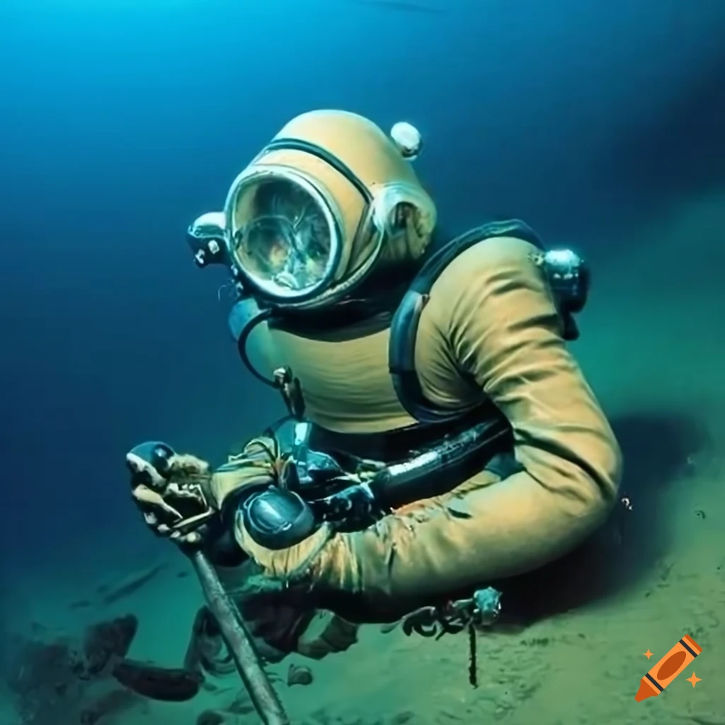 1940s diver in a diving suit working on a shipwreck