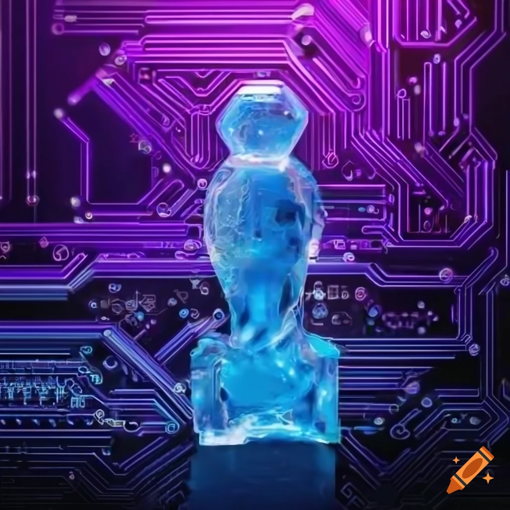 Ice sculpture of a girl floating in space with blue and purple hues and circuit board background