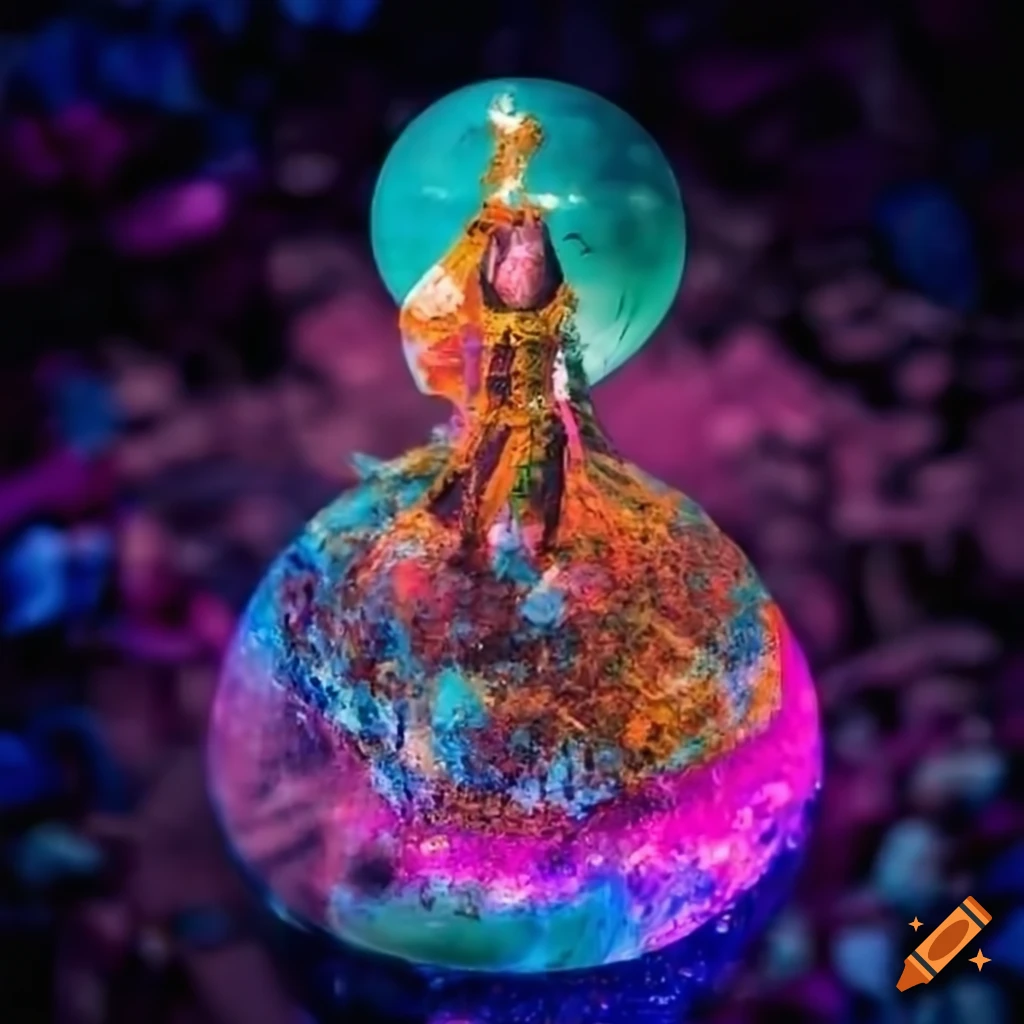 Macro image of a sorcerer standing on a city snow globe in a cubist style
