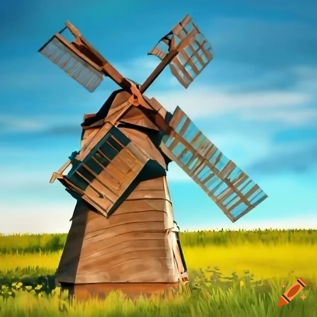 Elegant wooden windmill with four long symmetrical blades in a bright meadow setting