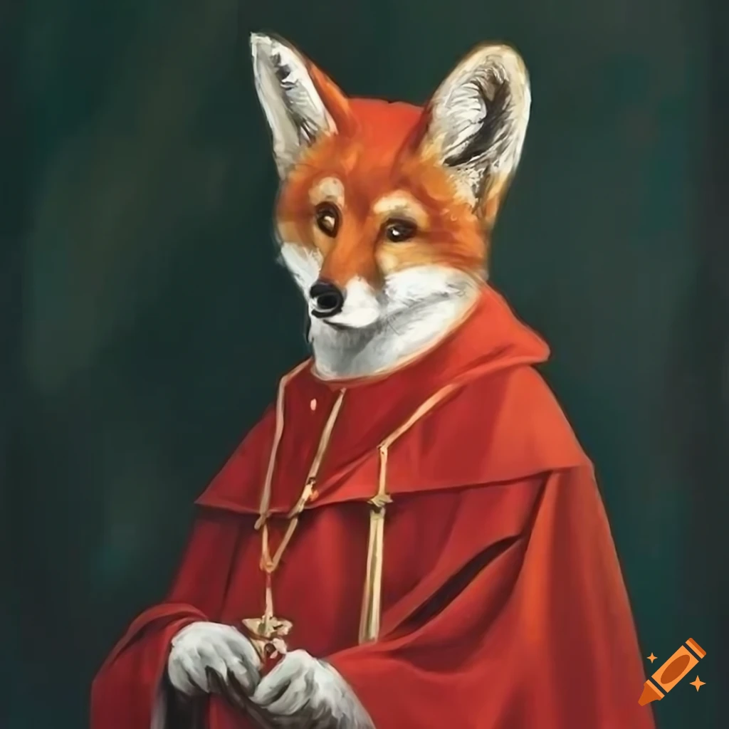Catholic fox dressed as cardinal in a portrait painting on Craiyon
