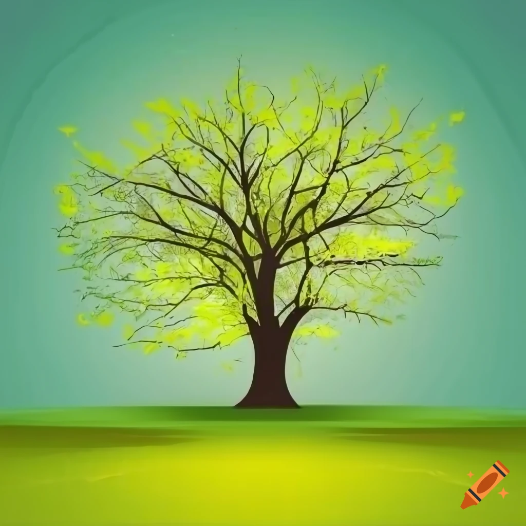 Elegant tree with curvy trunk and green leaves in a meadow with bright ...