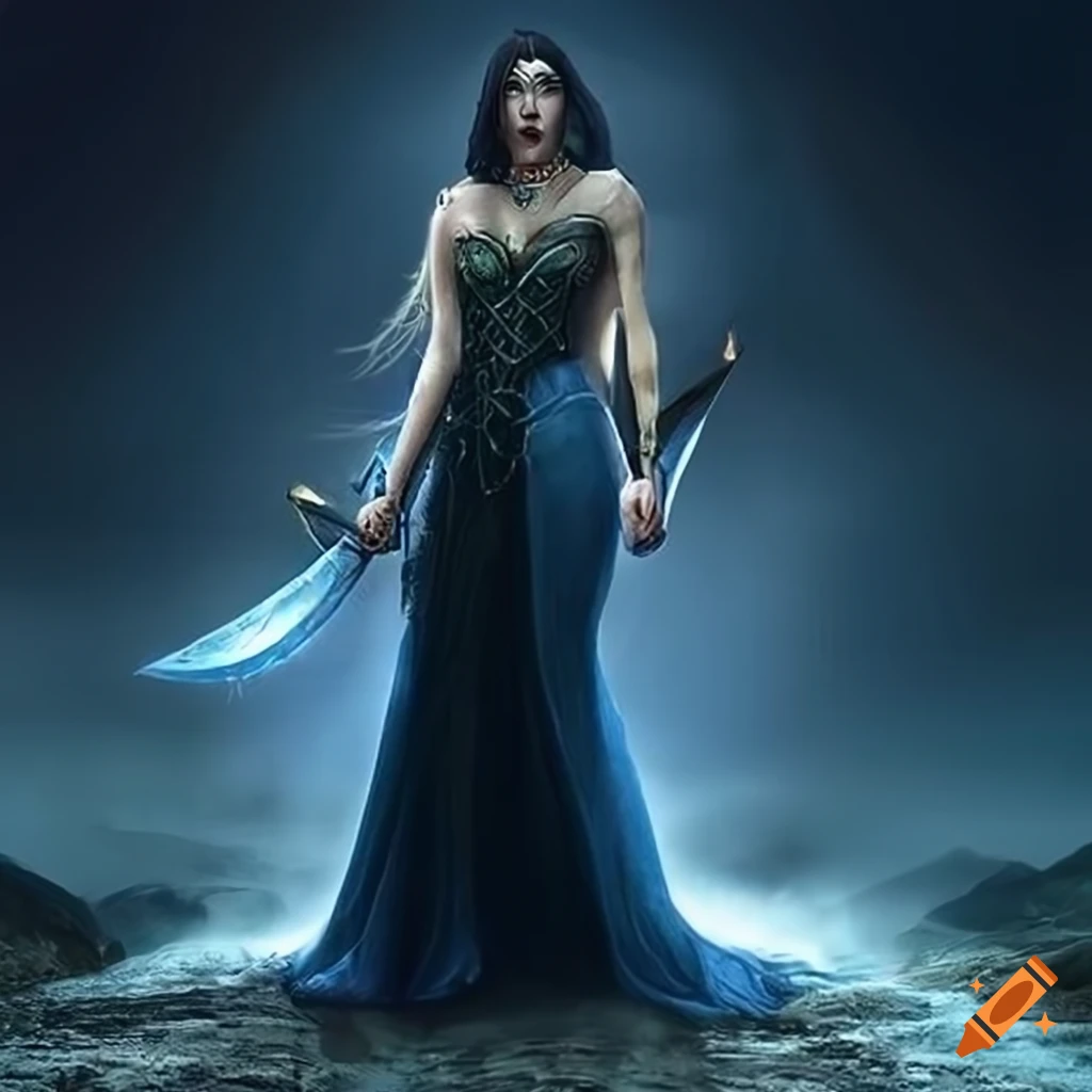 Stunning celtic warrior goddess with a sword, dark hair, and green eyes in blue  gown and gold armor on Craiyon