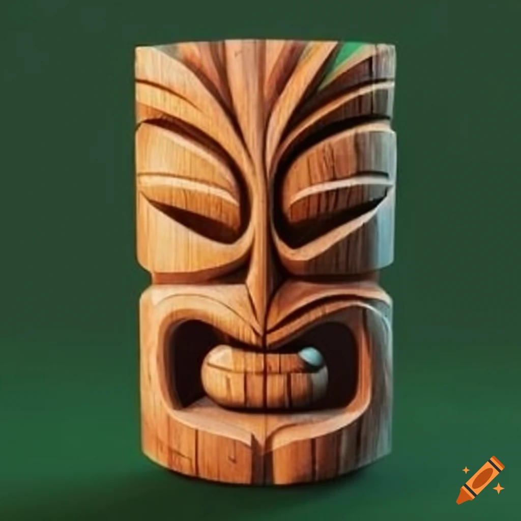 Tiki wood carving surrounded by tropical leaves