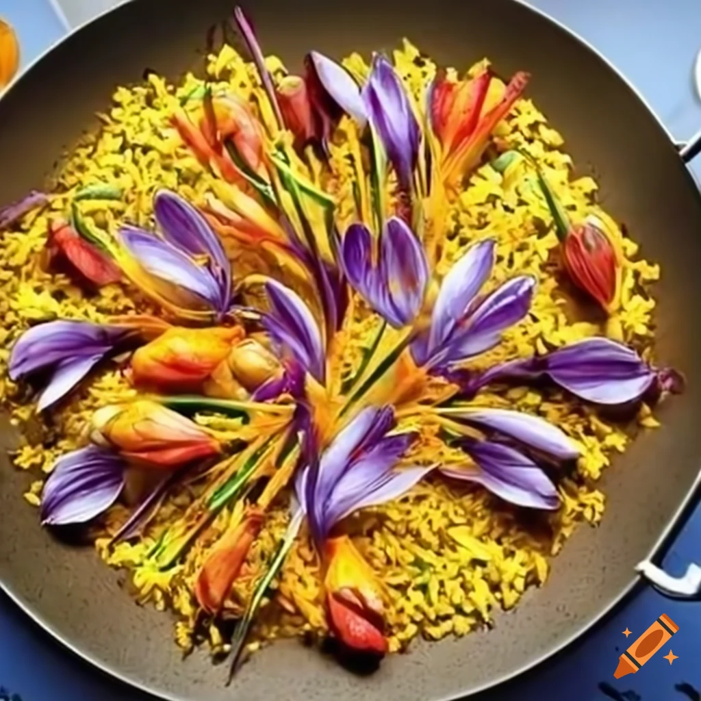 Scientists cooking paella with saffron crocus plants on Craiyon
