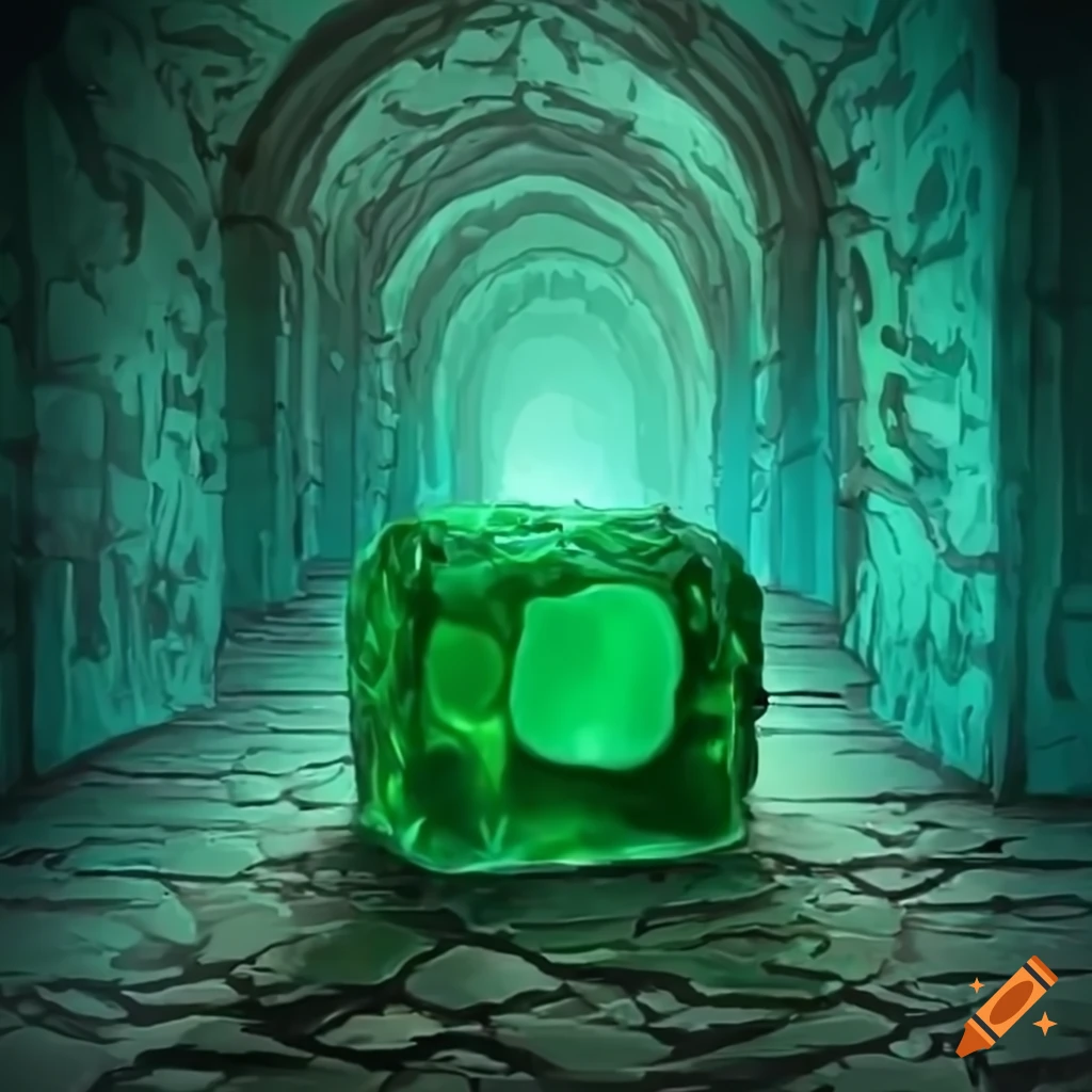 Green gelatinous cube in a dungeon hallway on Craiyon
