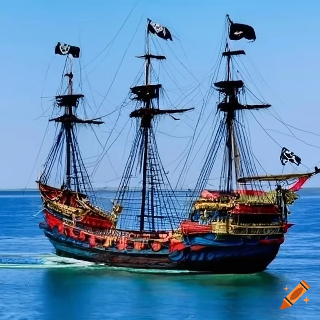 Large blue pirate ship with yellow accents and gunports on Craiyon