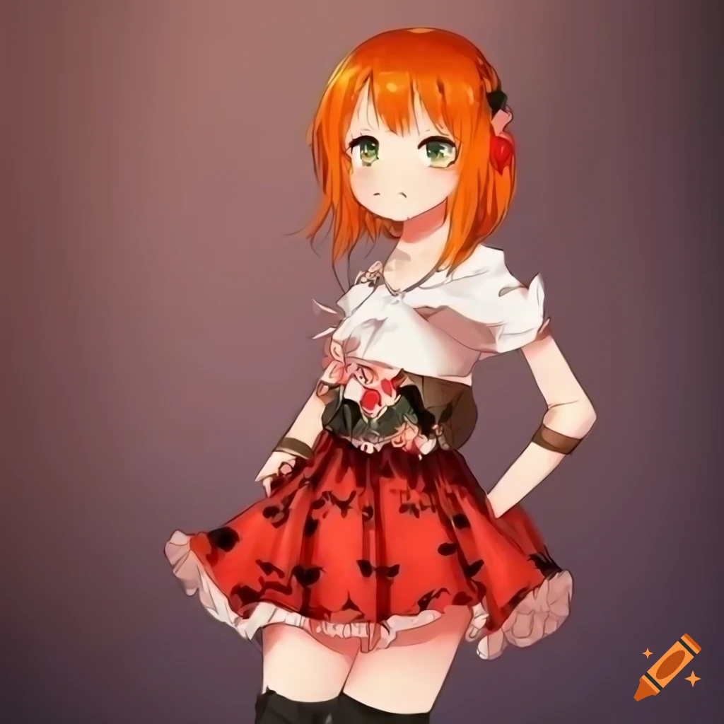 Cheerful anime girl with orange hair and green eyes in red blouse and ...