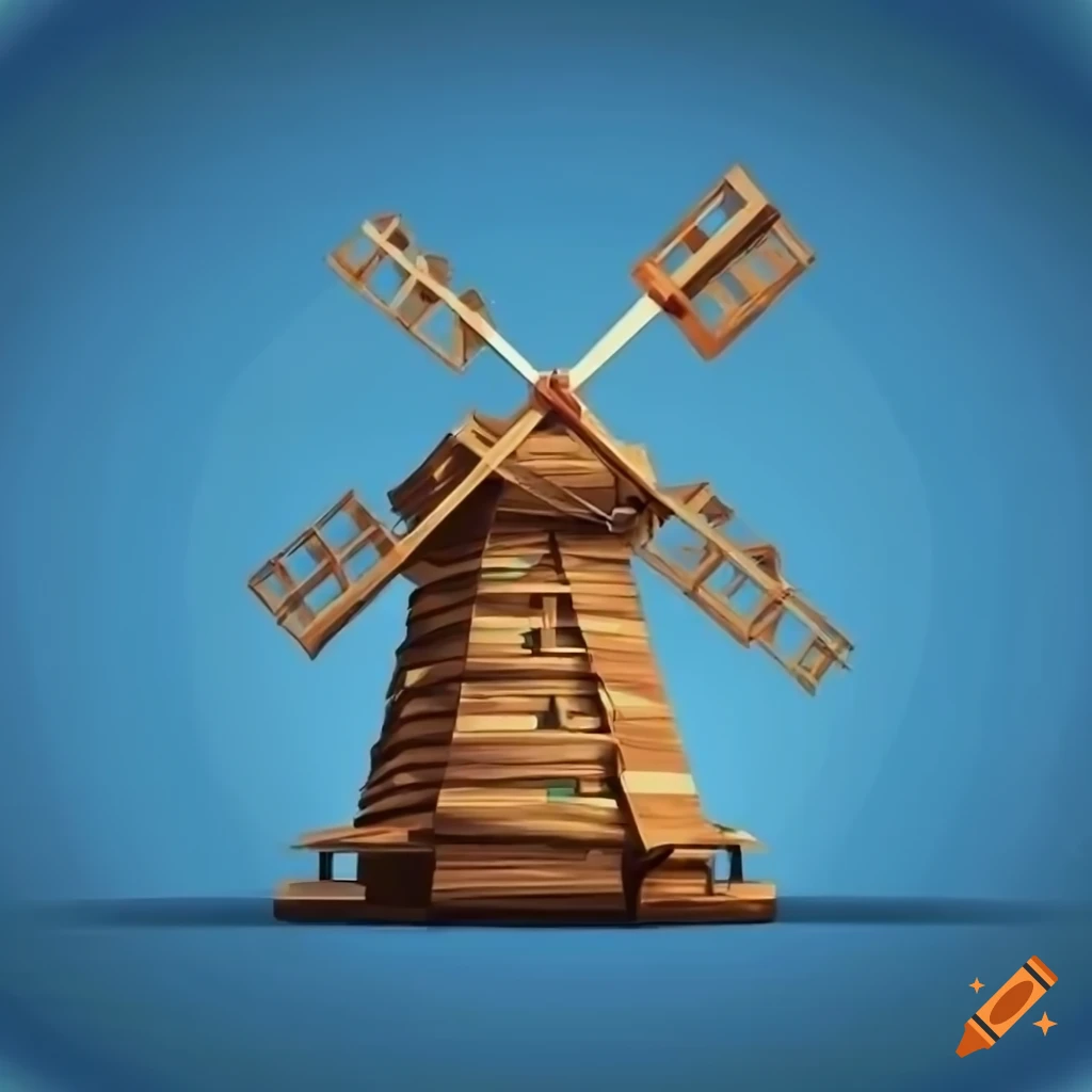 Elegant wooden windmill with symmetrical blades on blue background