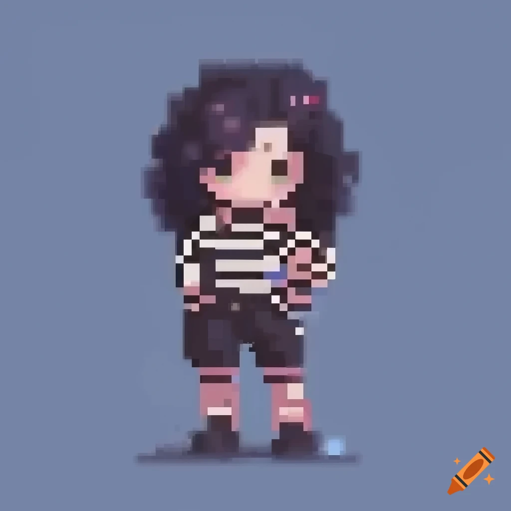 Pixel art minimalist cute girl with black curly hair and striped shirt