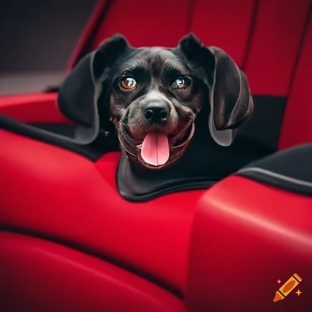 Playful dog sitting in the driver's seat of a red porsche 911 gt3 rs on