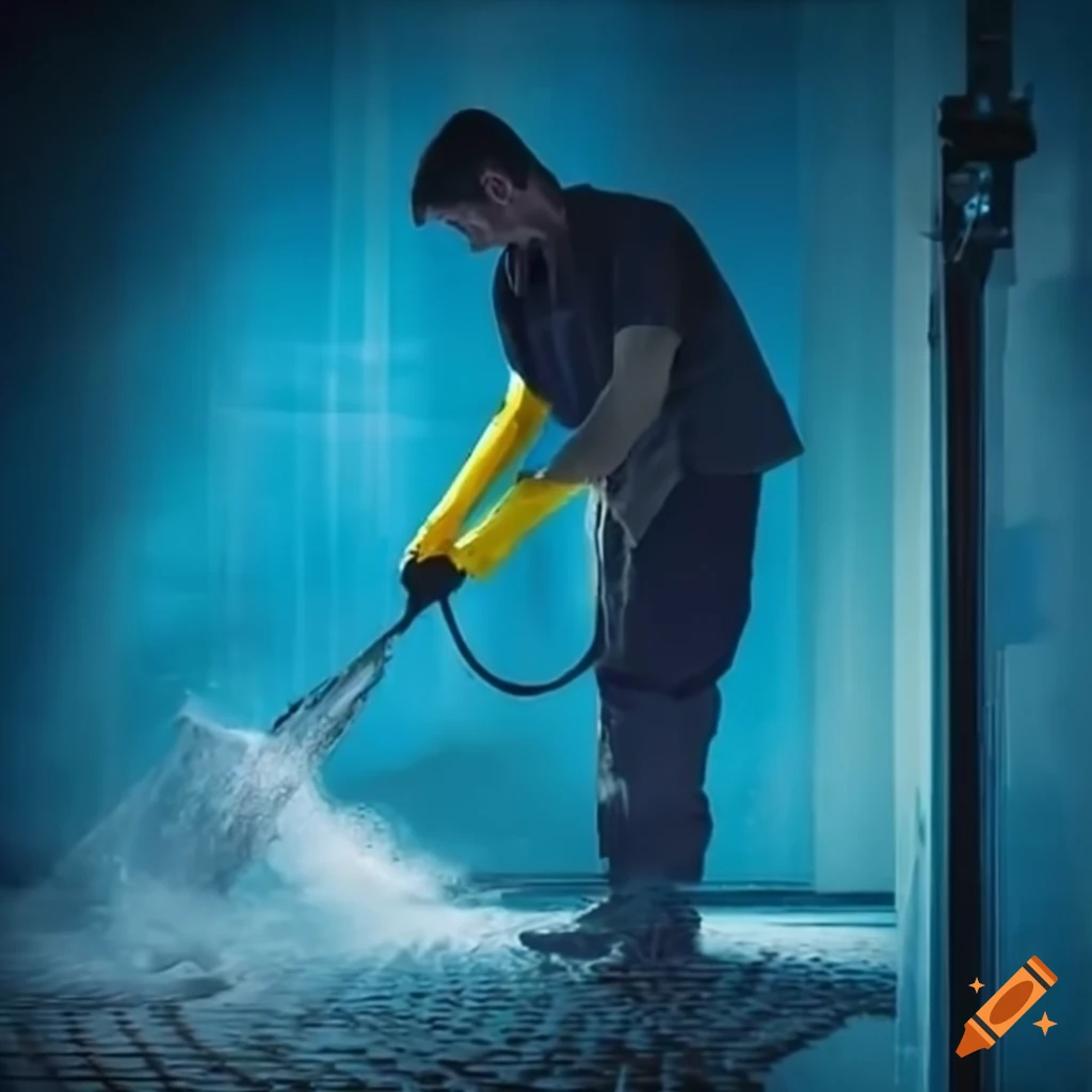 Worker cleaning inner walls of water tank with waterjet on Craiyon