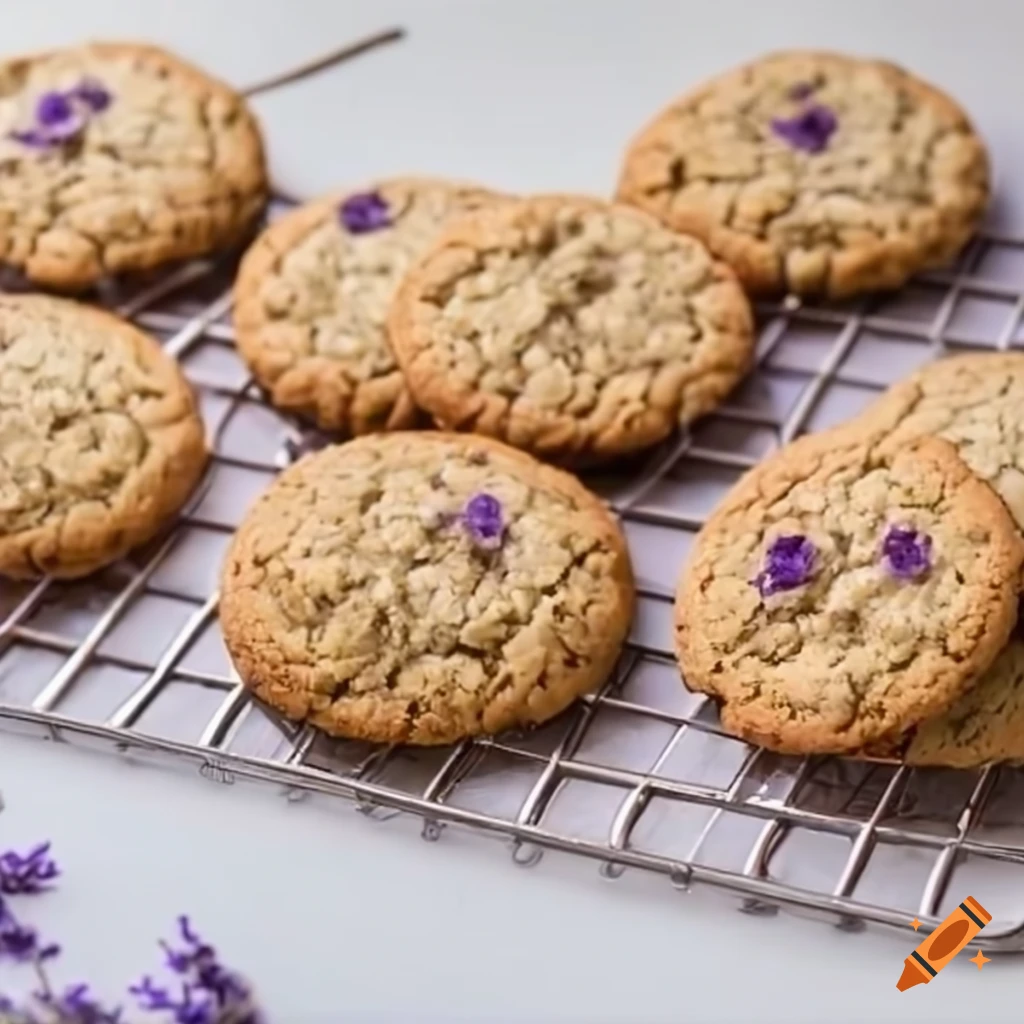 Round oatmeal cookies with lavender on square racks on a white table