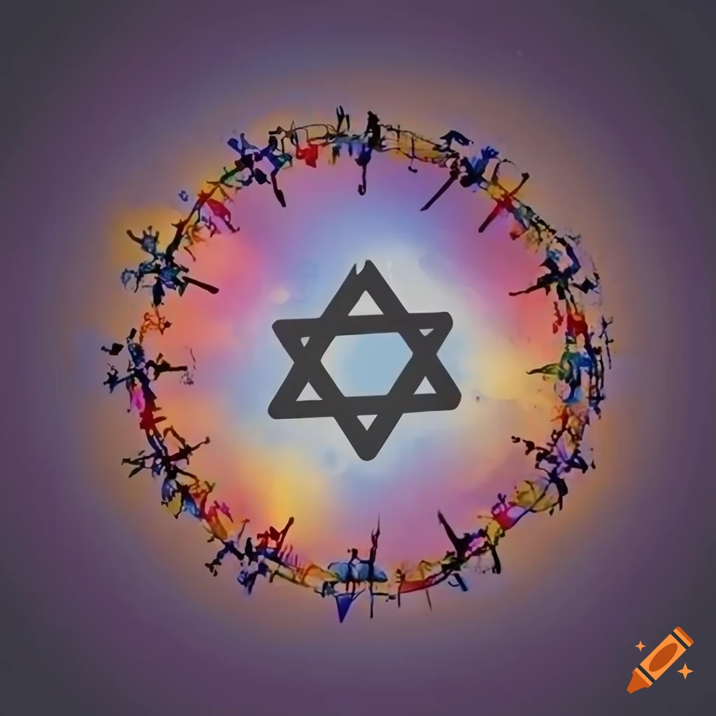 Silhouette of people holding hands in unity with Star of David symbol