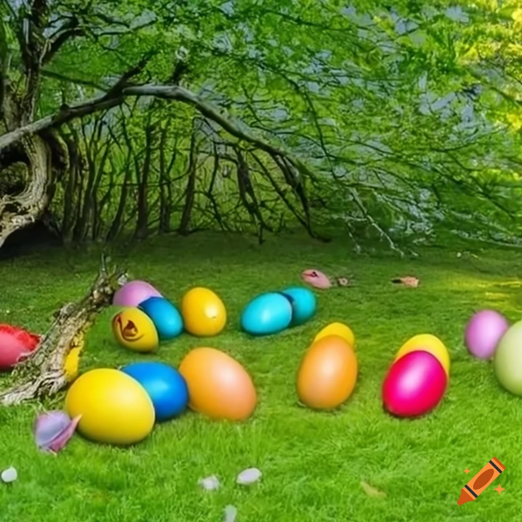 Colorful Easter eggs scattered on a picturesque lawn next to a tree