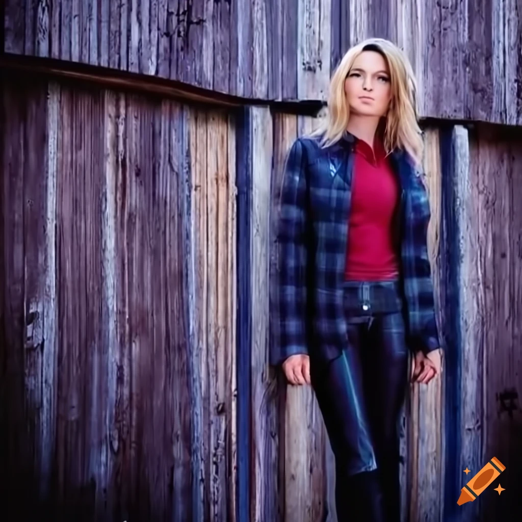 Blonde woman in plaid shirt and black leather jacket