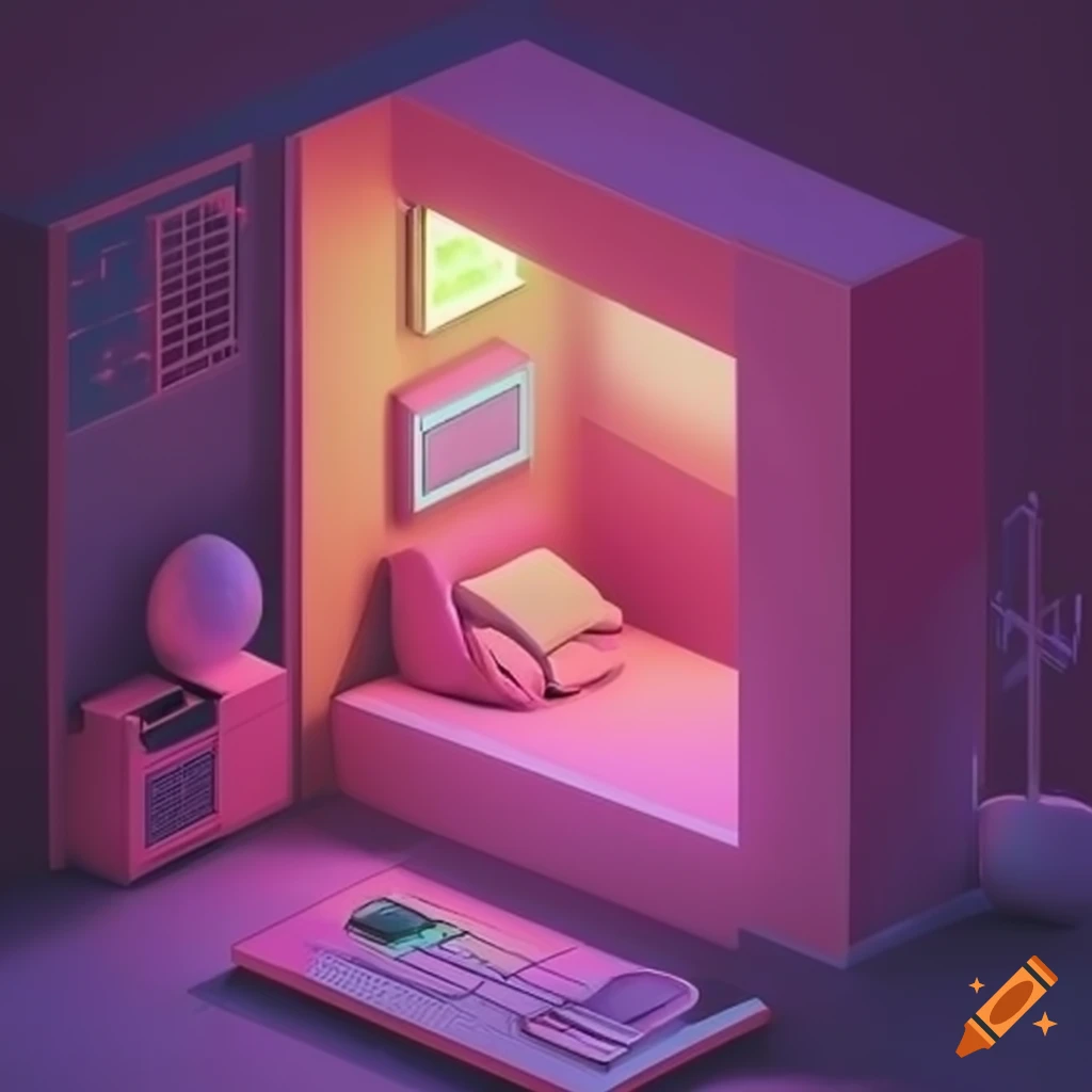Isometric cozy cube room with neon computers synthwave