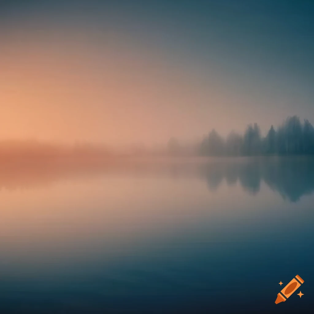 Foggy morning on lake shore in a pastel art style