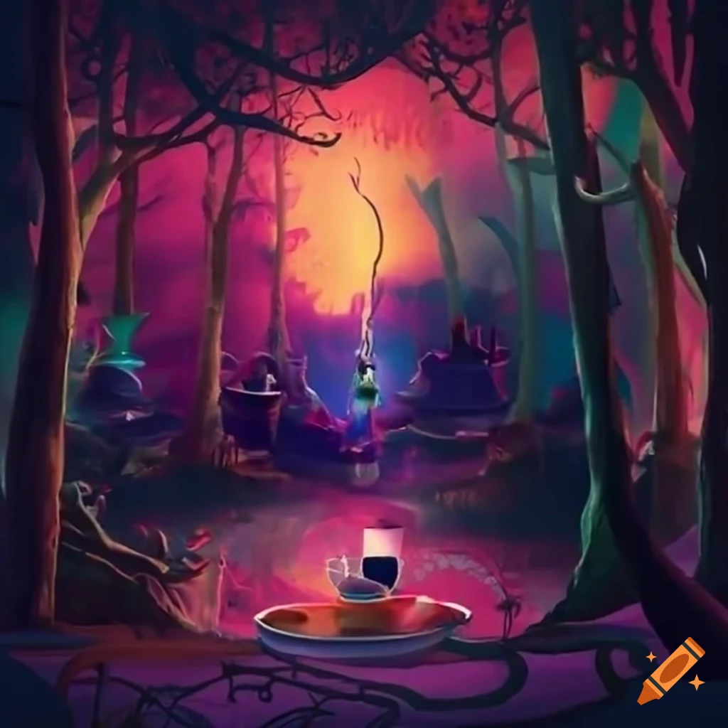 Mad tea party in an enchanted forest at dusk