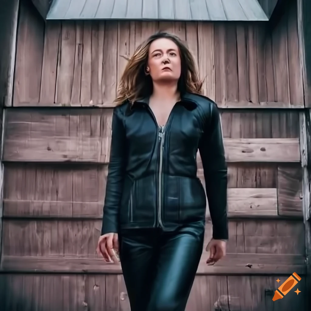 Blonde woman in plaid shirt and black leather jacket