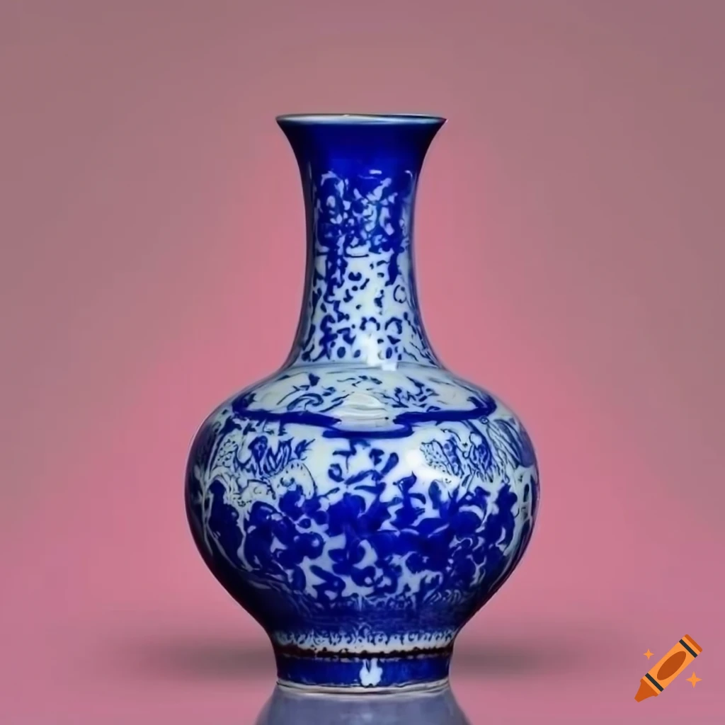 Chinese vase in cobalt blue and white on a pink background