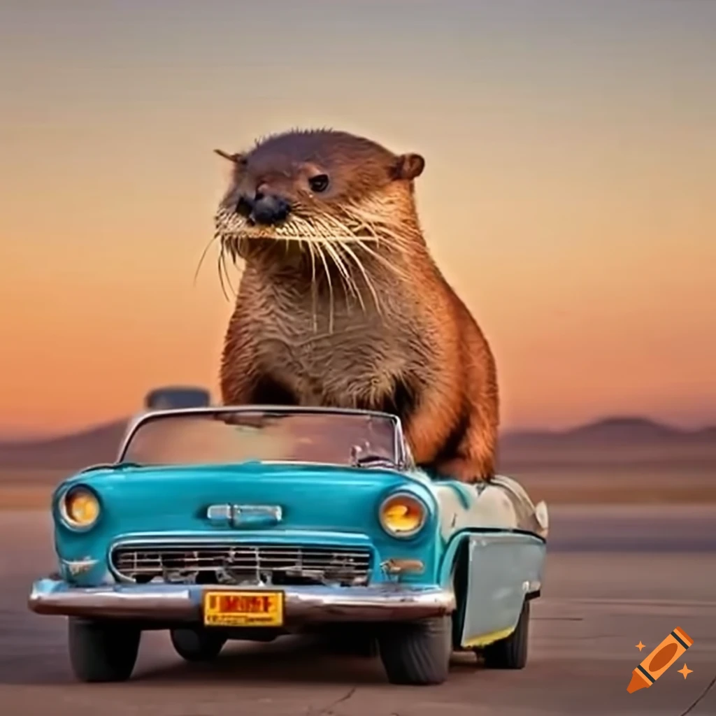 Playful otters on a road trip along Route 66 in a convertible car at a desert gas station