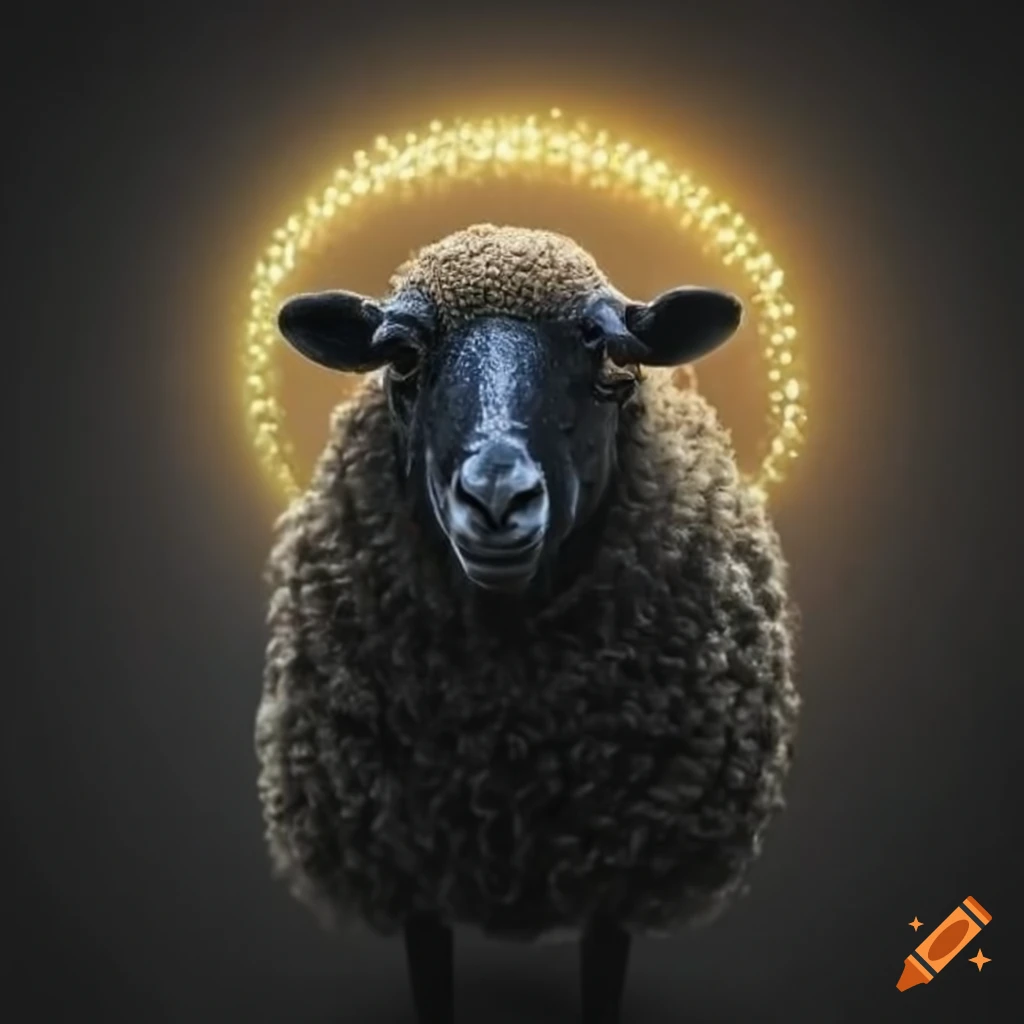 Black sheep with gold halo on black background