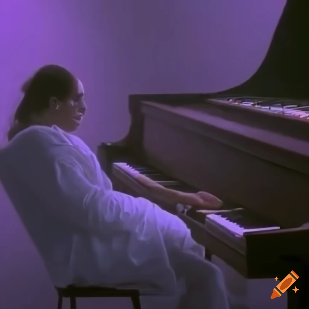 Man playing piano and falling into purple fog in a creepy 90s movie scene