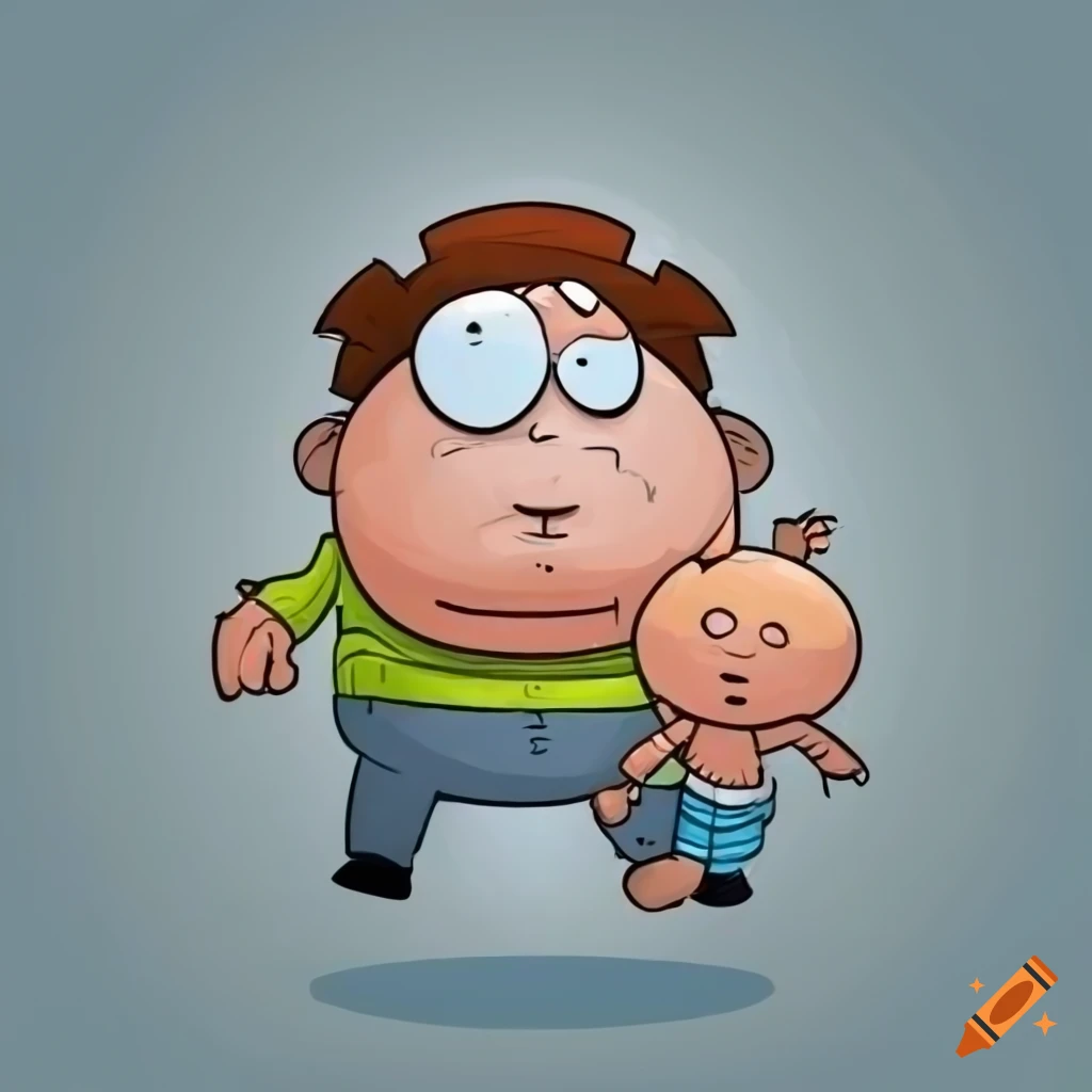 Father playing with baby son in a colorful cartoon illustration