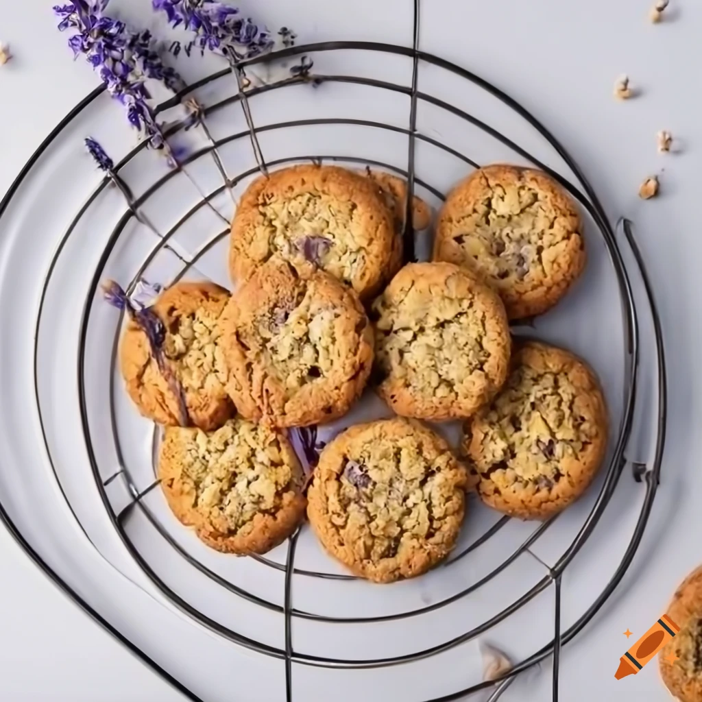 Round oatmeal cookies with lavender on wire racks