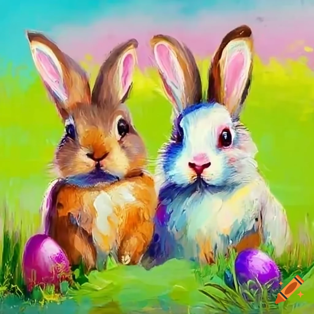 Two cute bunnies searching for Easter eggs in a meadow