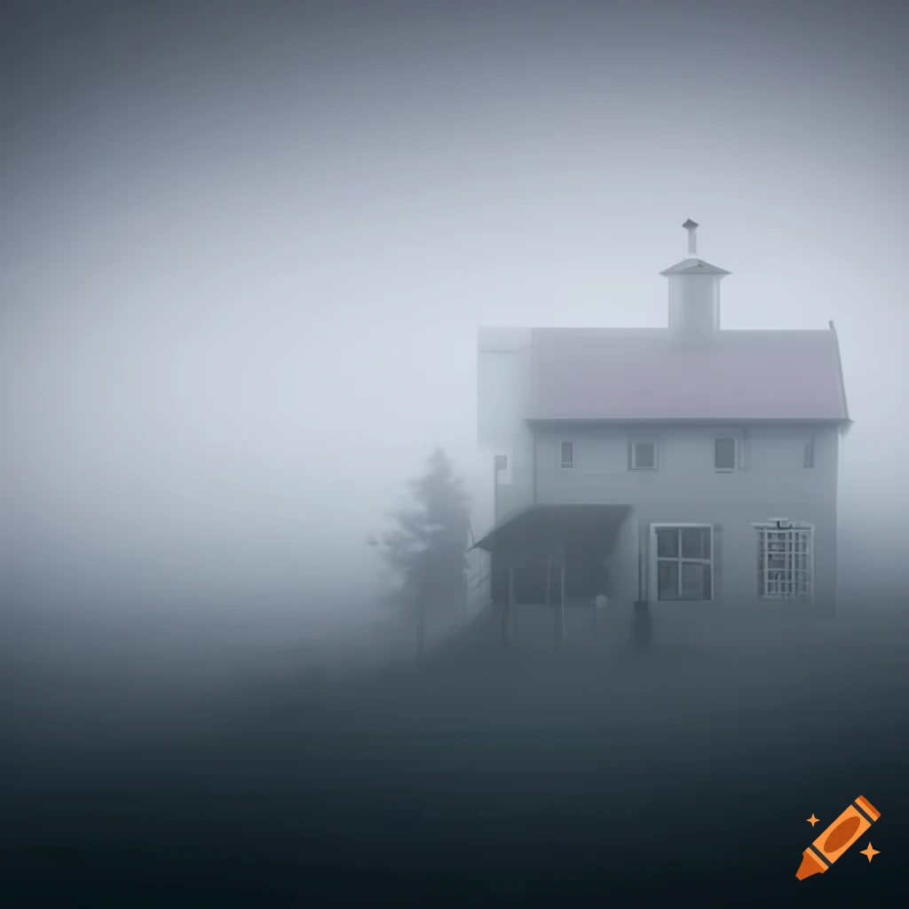 Three-storey slightly ruined house on a hill with gray fog
