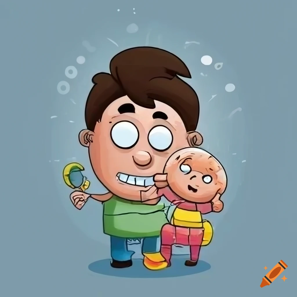 Father playing with baby son in a colorful cartoon illustration