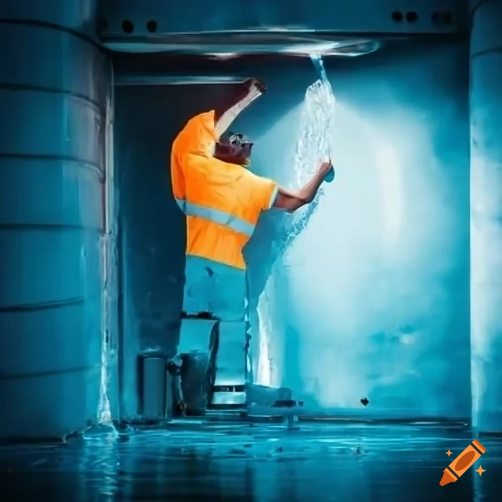 Worker cleaning inner walls of water tank with waterjet on Craiyon