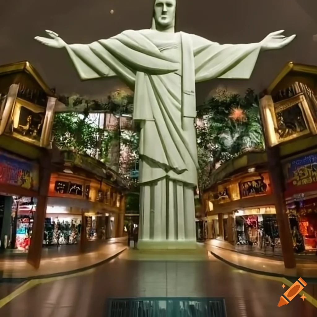Statue of Christ the Redeemer in a rainforest shopping center