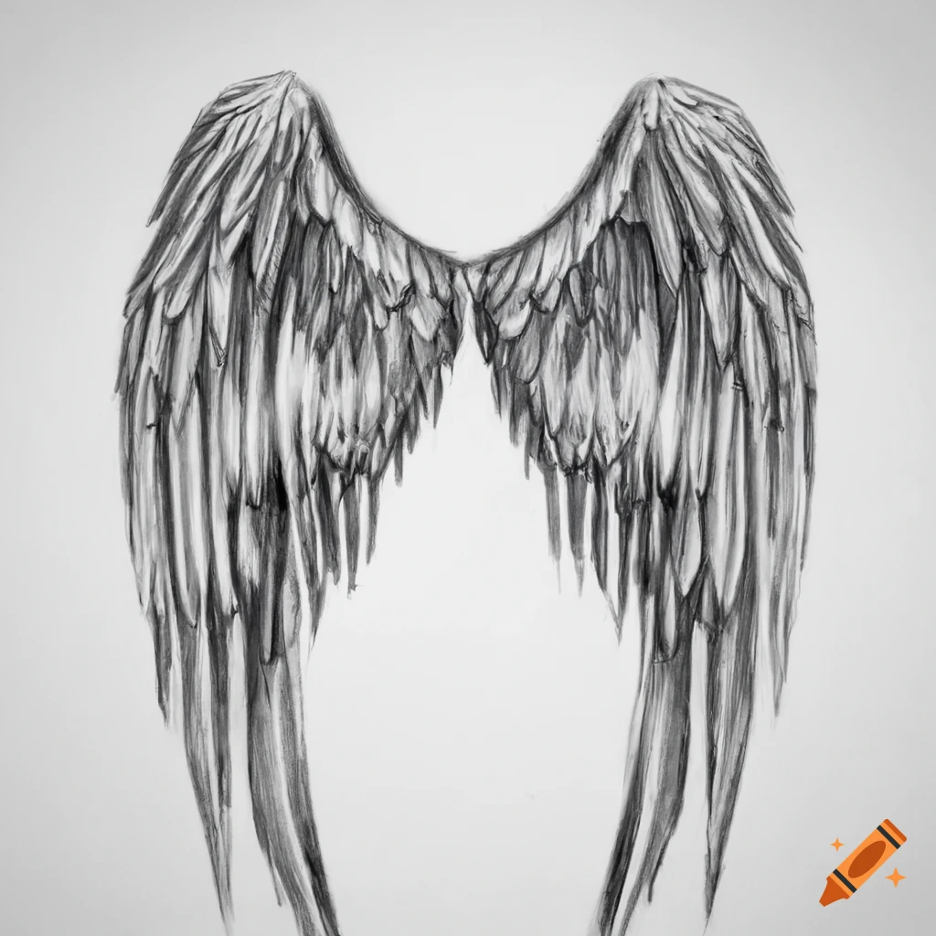 Six angel wings pencil drawing