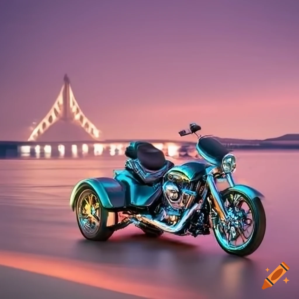 Harley Davidson trike with a bridge in the background