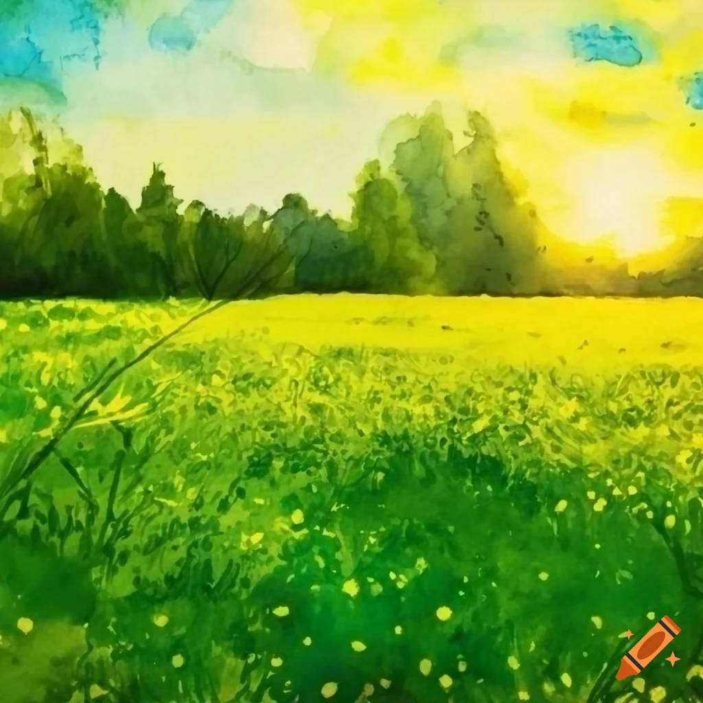 Green sunny field with flowers in a spring watercolor painting on Craiyon