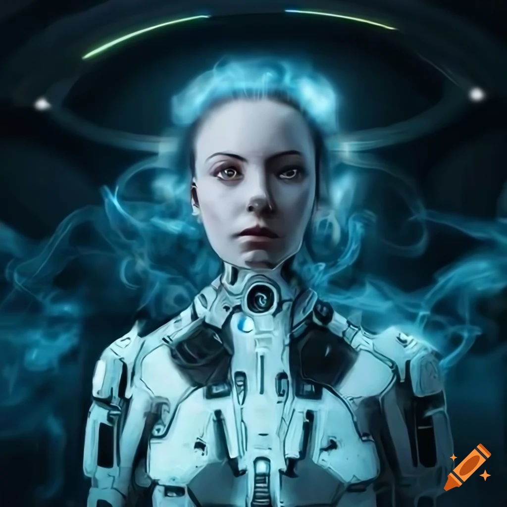 Cybernetic female medic in glowing armor with magical smoke in spaceship hallway