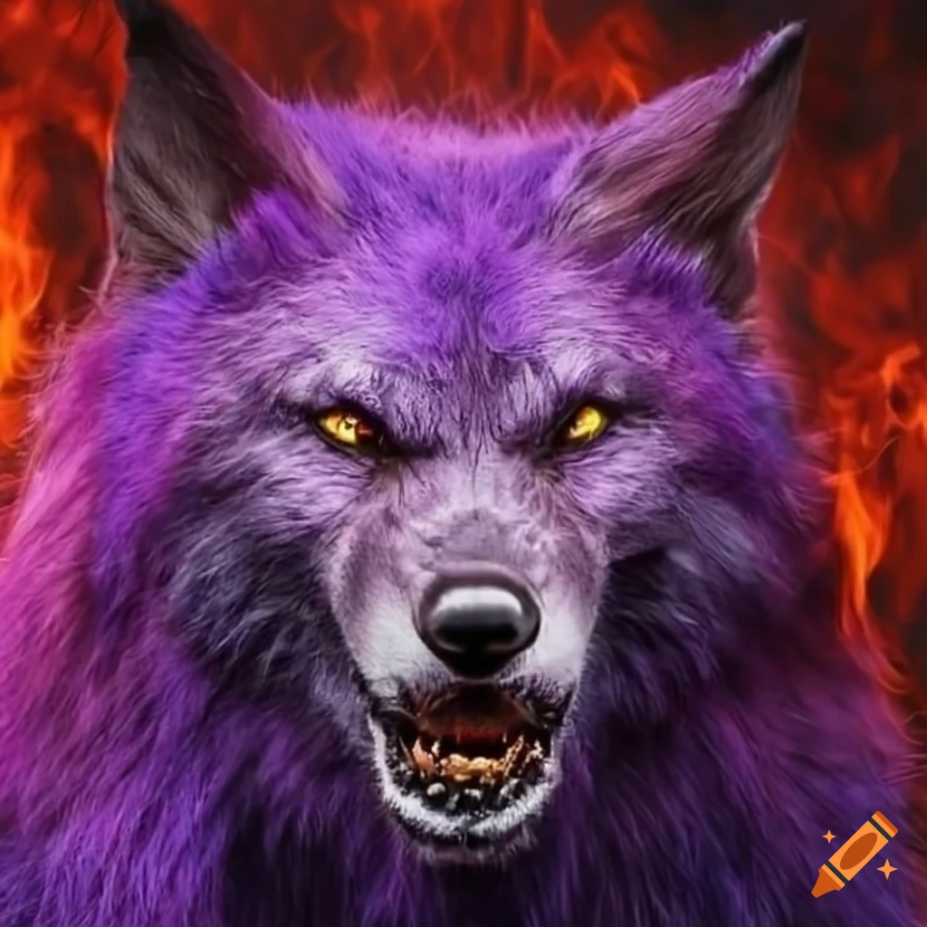 Male werewolf with fiery eyes and dark red-to-purple fur on fire background