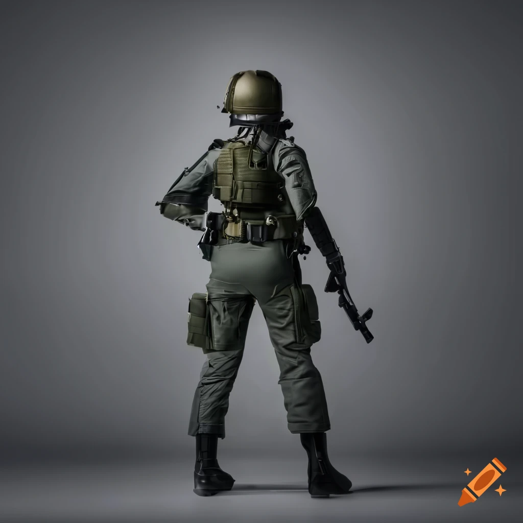 Black woman in tactical armor seen from behind on a white background
