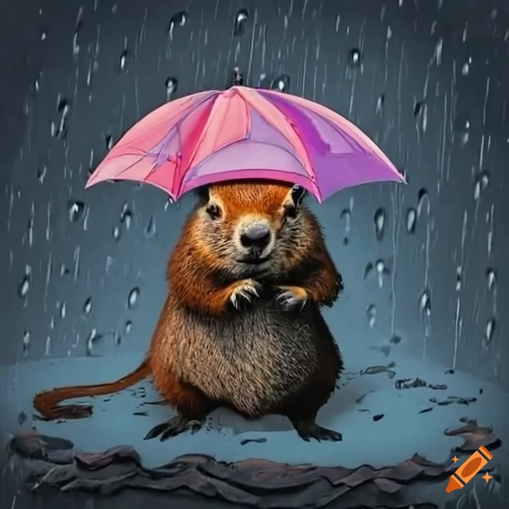 Groundhog under an umbrella in heavy rain