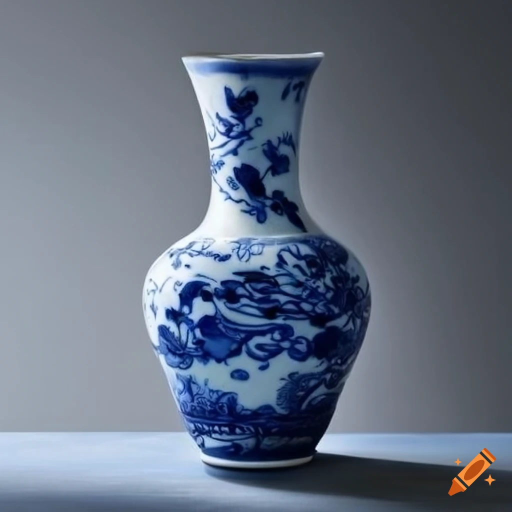 Blue and white Chinese vase in softly lit room