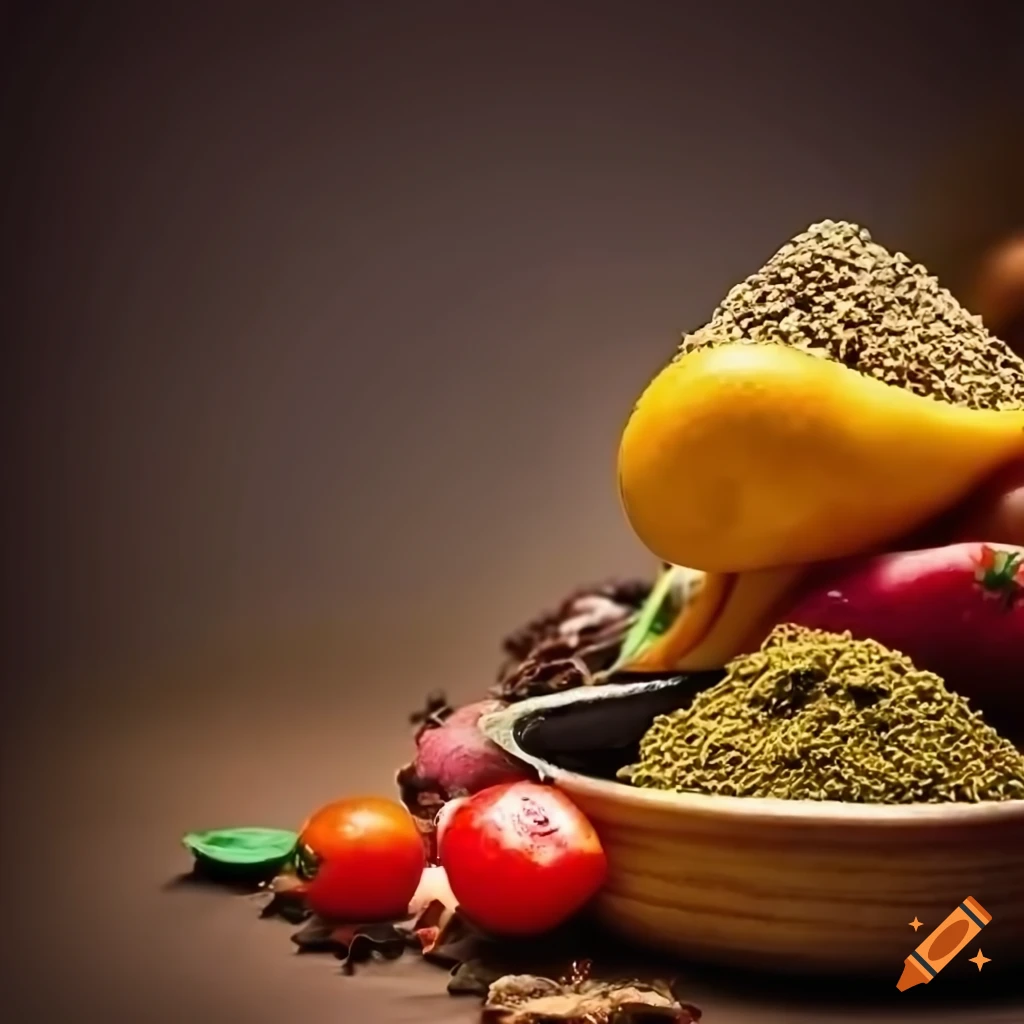 Delicious Indian cuisine spread with a variety of spices, fruits, vegetables, and meat with Khana Peena logo in Urdu